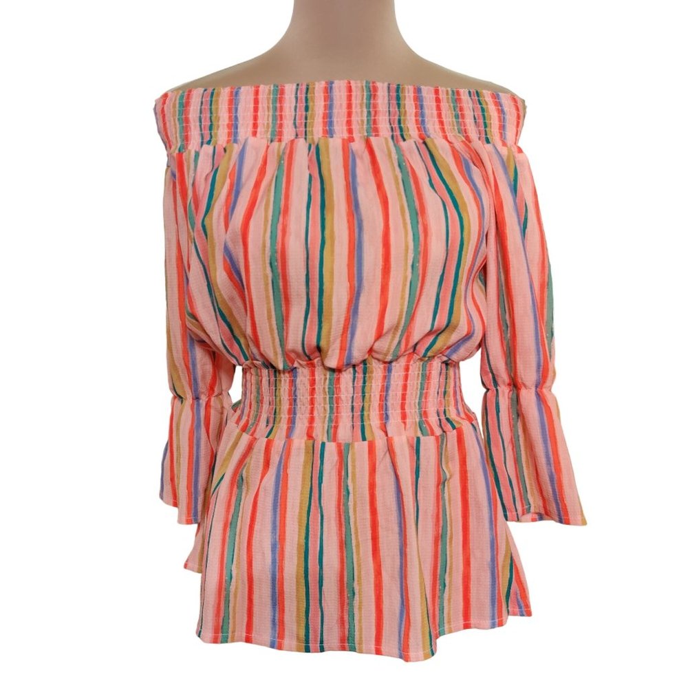 Coeur De Vague Womens Blouse Off Shoulder Bell Sleeve Peplum Shirt Striped Sz L